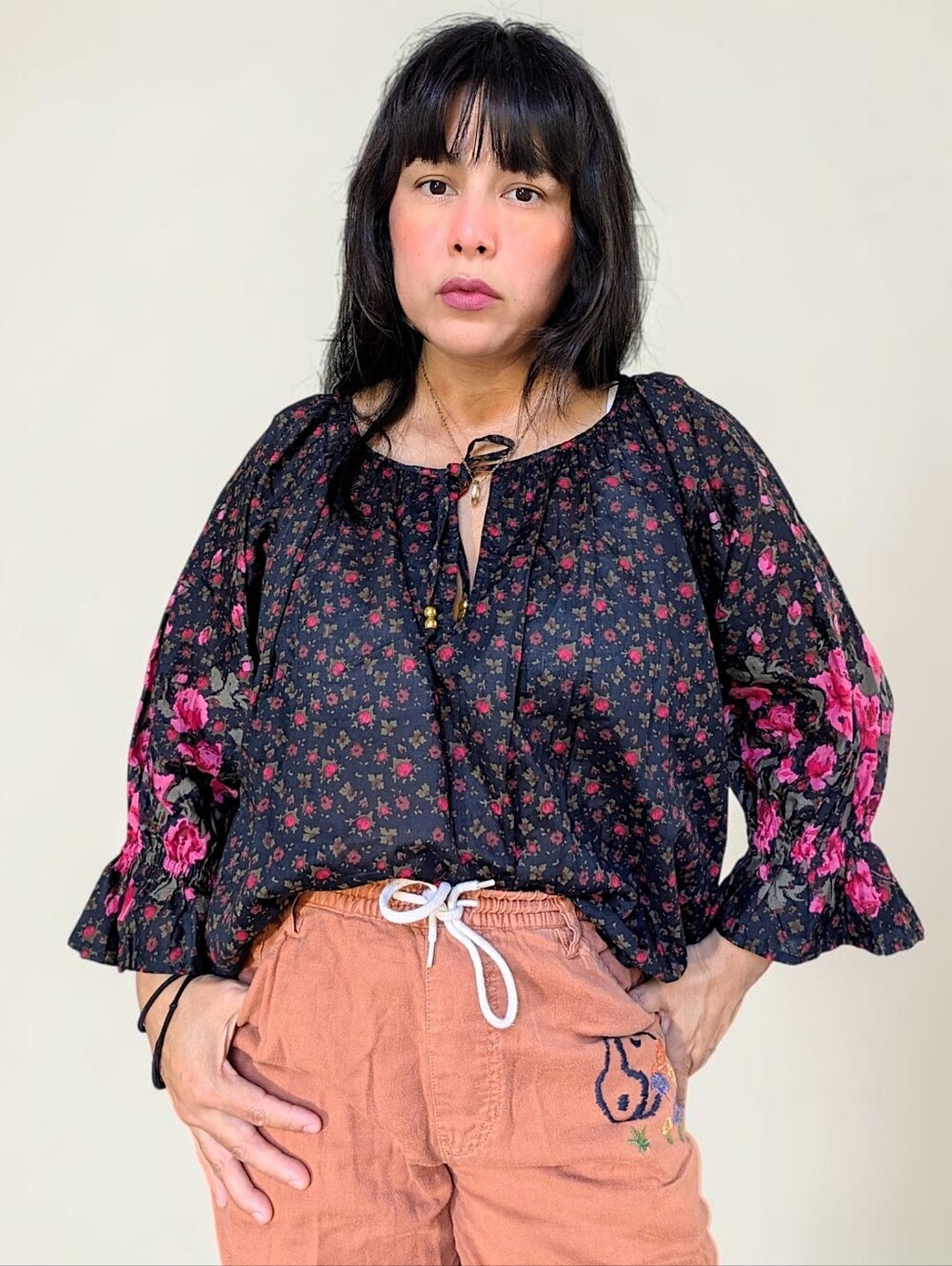 Natural Life black floral roses boho fairy  peasant balloon sleeve Top L New